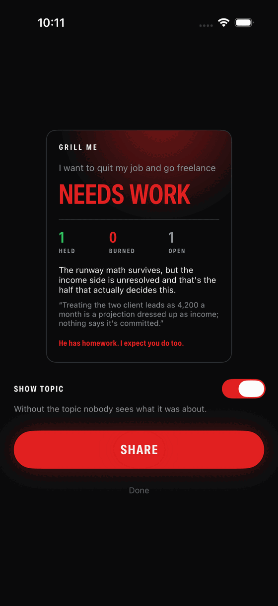 The share card, with the verdict and a switch for the topic